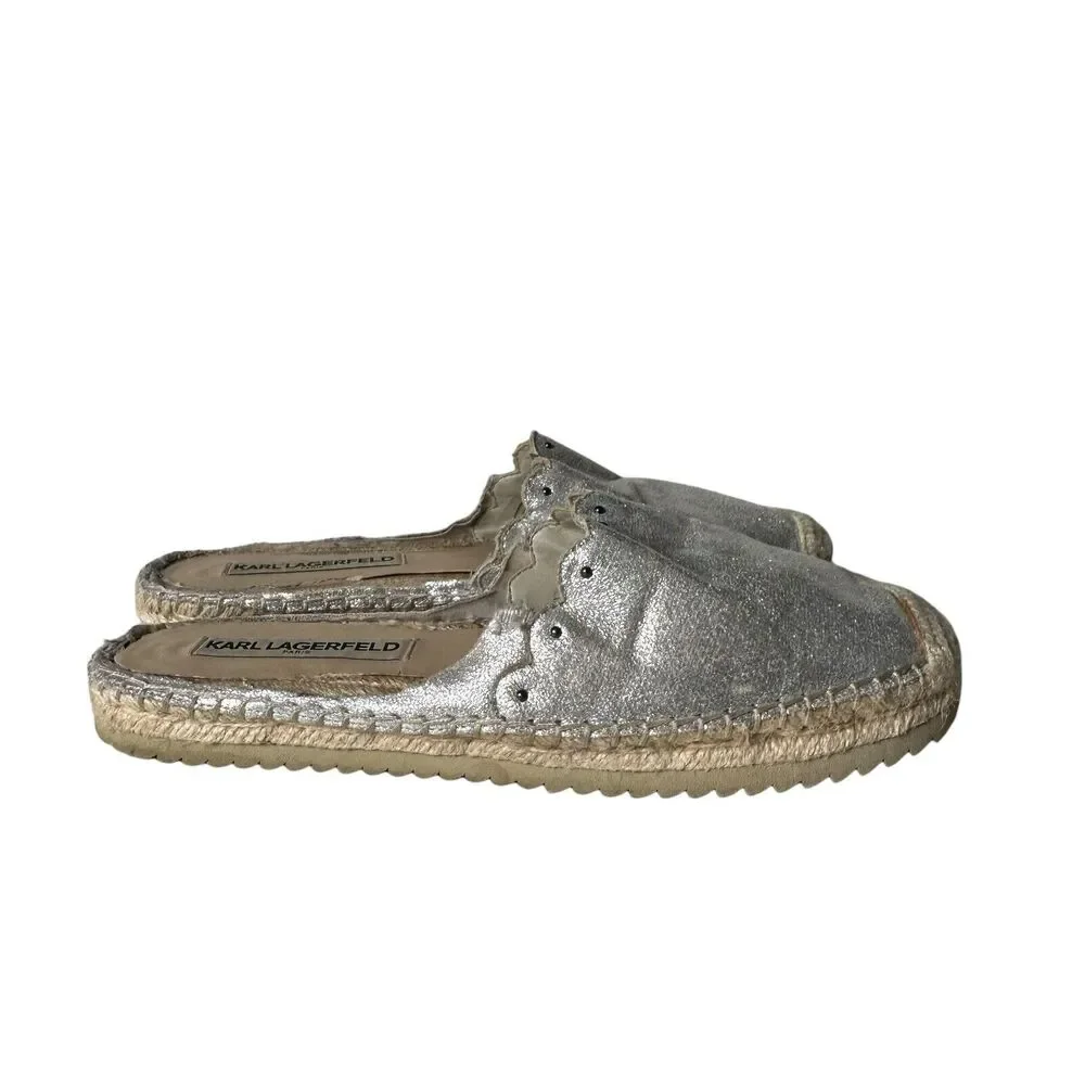 Karl Lagerfeld‎ Metallic Silver Espadrille Slides Slip on Shoes Women Size 7.5